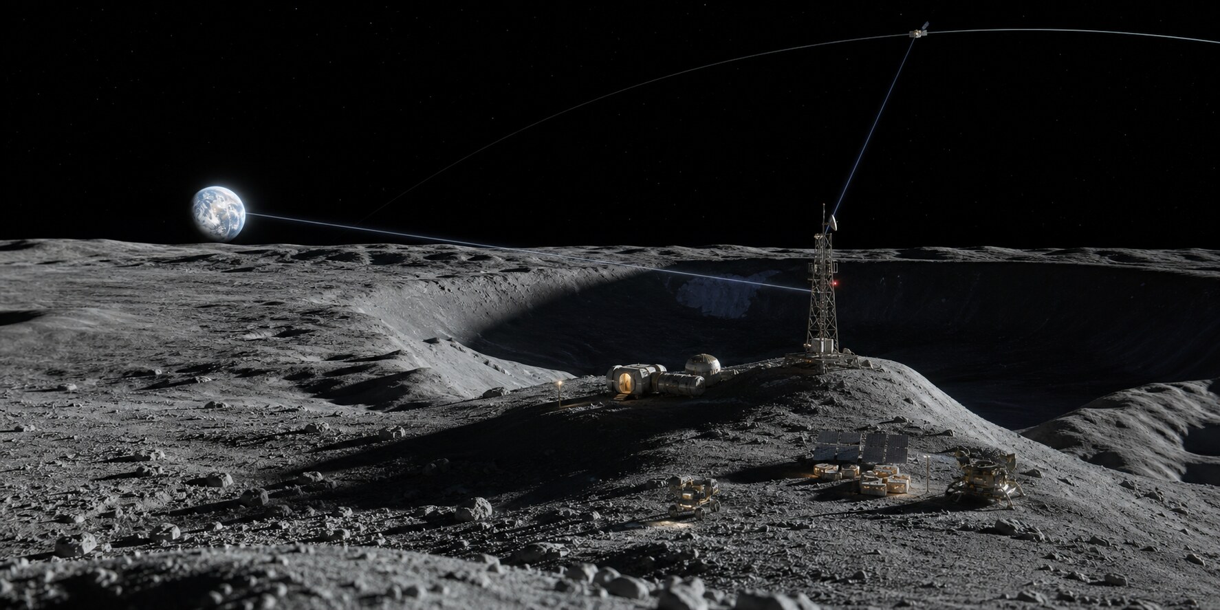Notional render of a lunar south pole habitat cluster, power station, and communications tower near Shackleton crater, with Earth and an orbital relay visible above the horizon